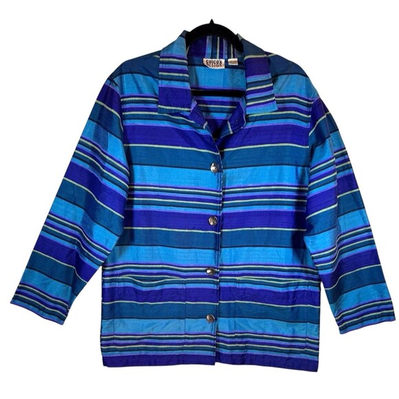 Vintage Chico's Jacket Blazer Women's Size Medium 100% Silk Striped‎ Blue Y2K - Picture 2 of 11